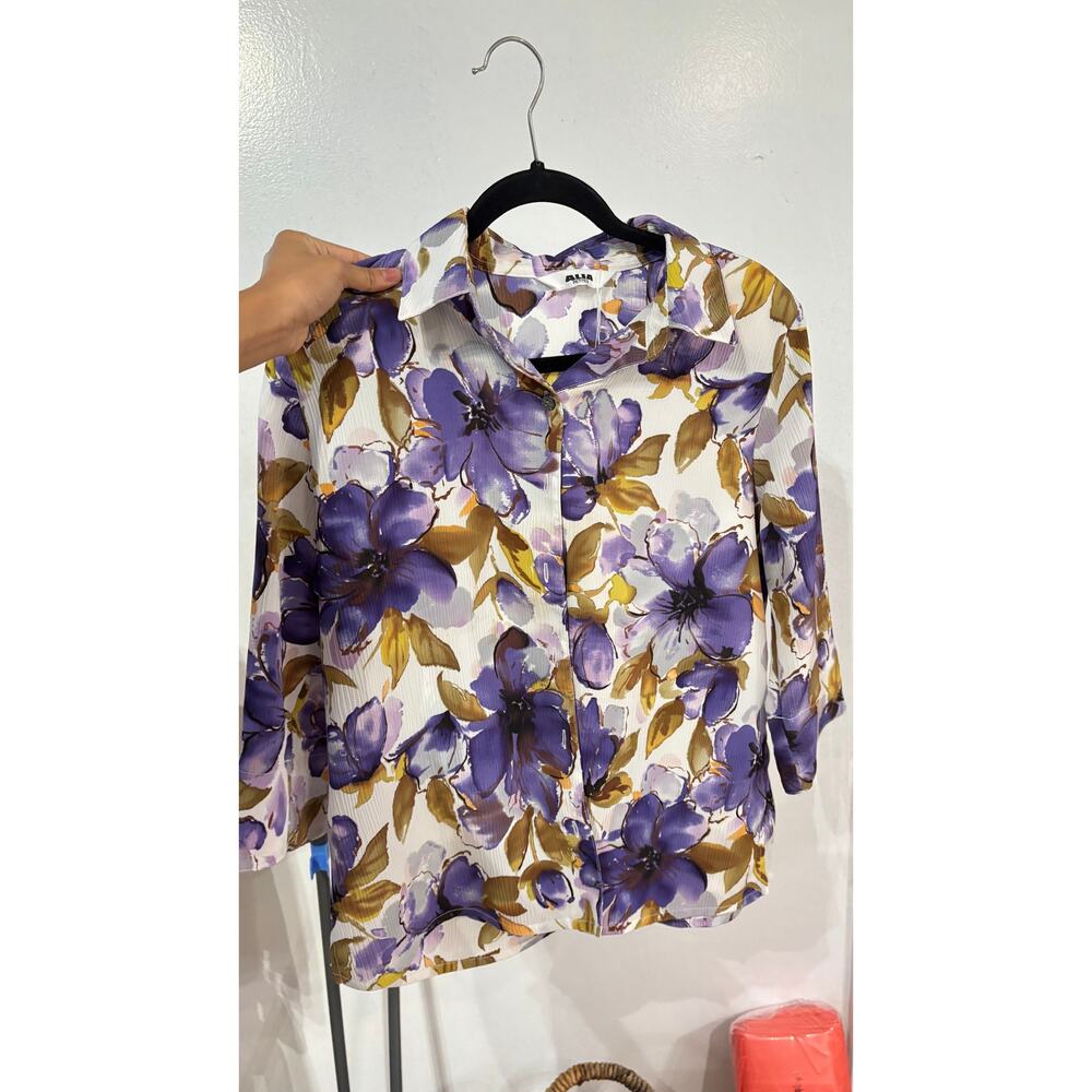 Alia Petites Women Purple Floral Button-Up Shirt 3/4 Sleeve Summer Casual Top PM - Picture 4 of 4